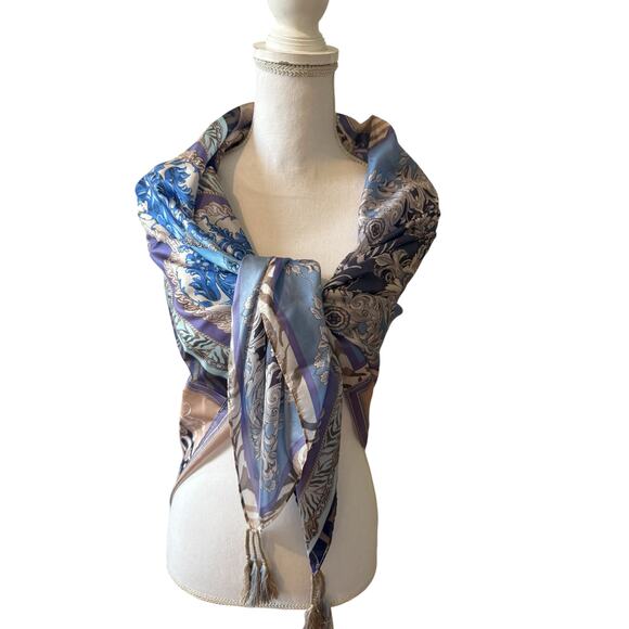 Johnny Was Valentin Silk Patchwork Tassel Detail Scarf Blue Taupe - Picture 3 of 9